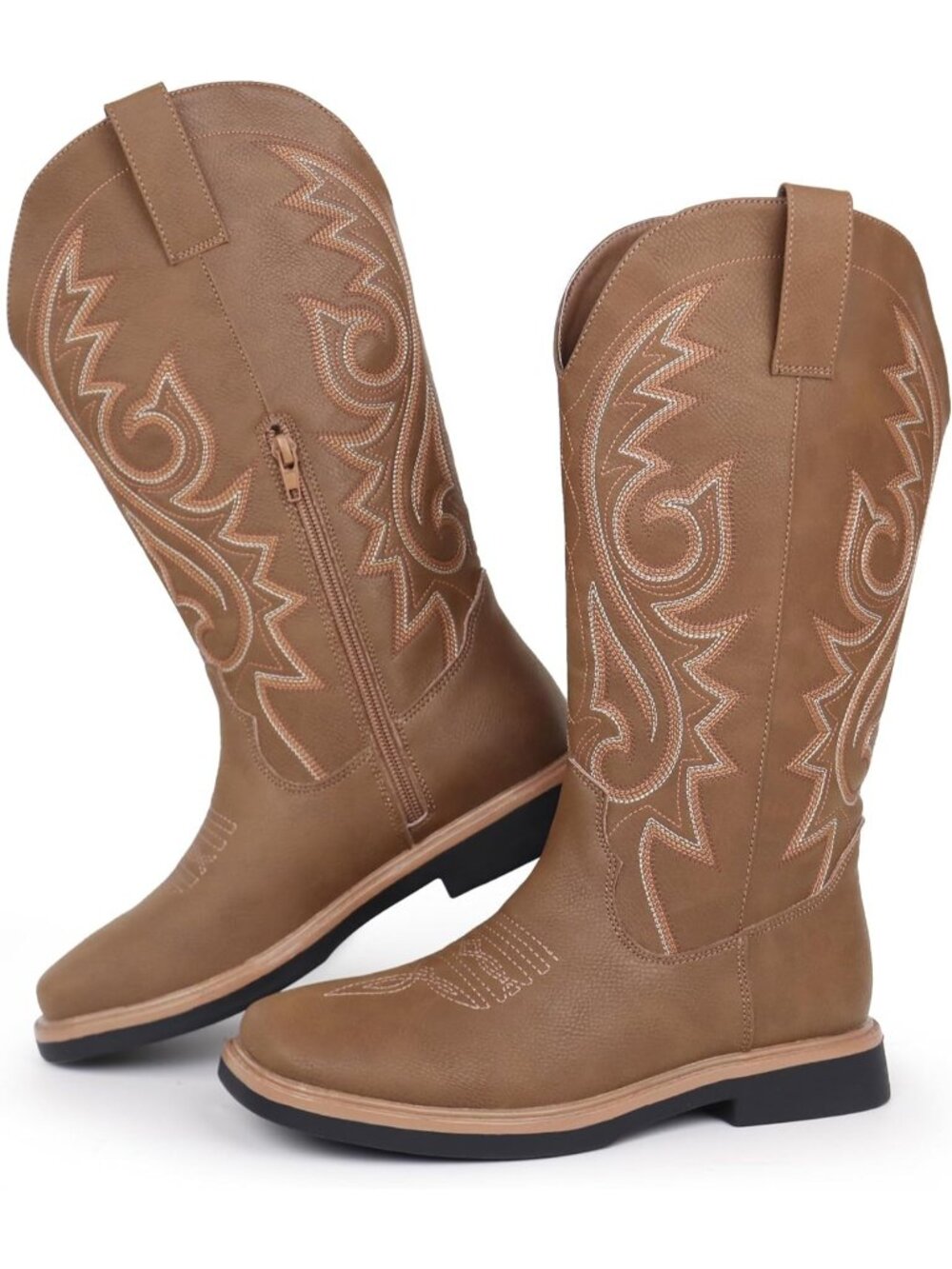 〽️Women's Mid-Calf Cowgirl Boot Brown Floral Leather Side Zipper Chunky Heel
